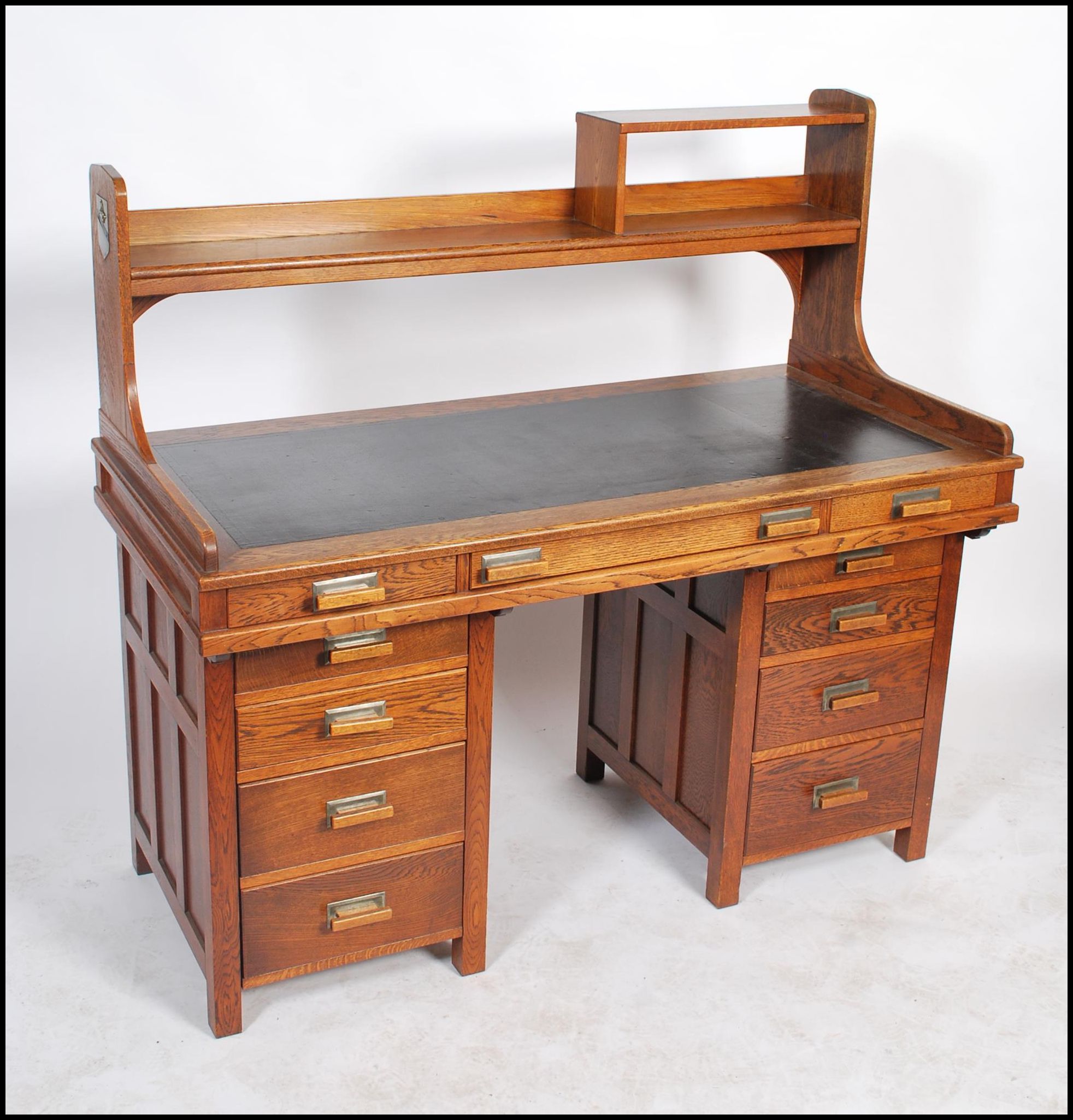 A superb 1930's Art Deco solid oak Air Ministry style twin pedestal desk. Raised on twin pedestals - Image 2 of 7