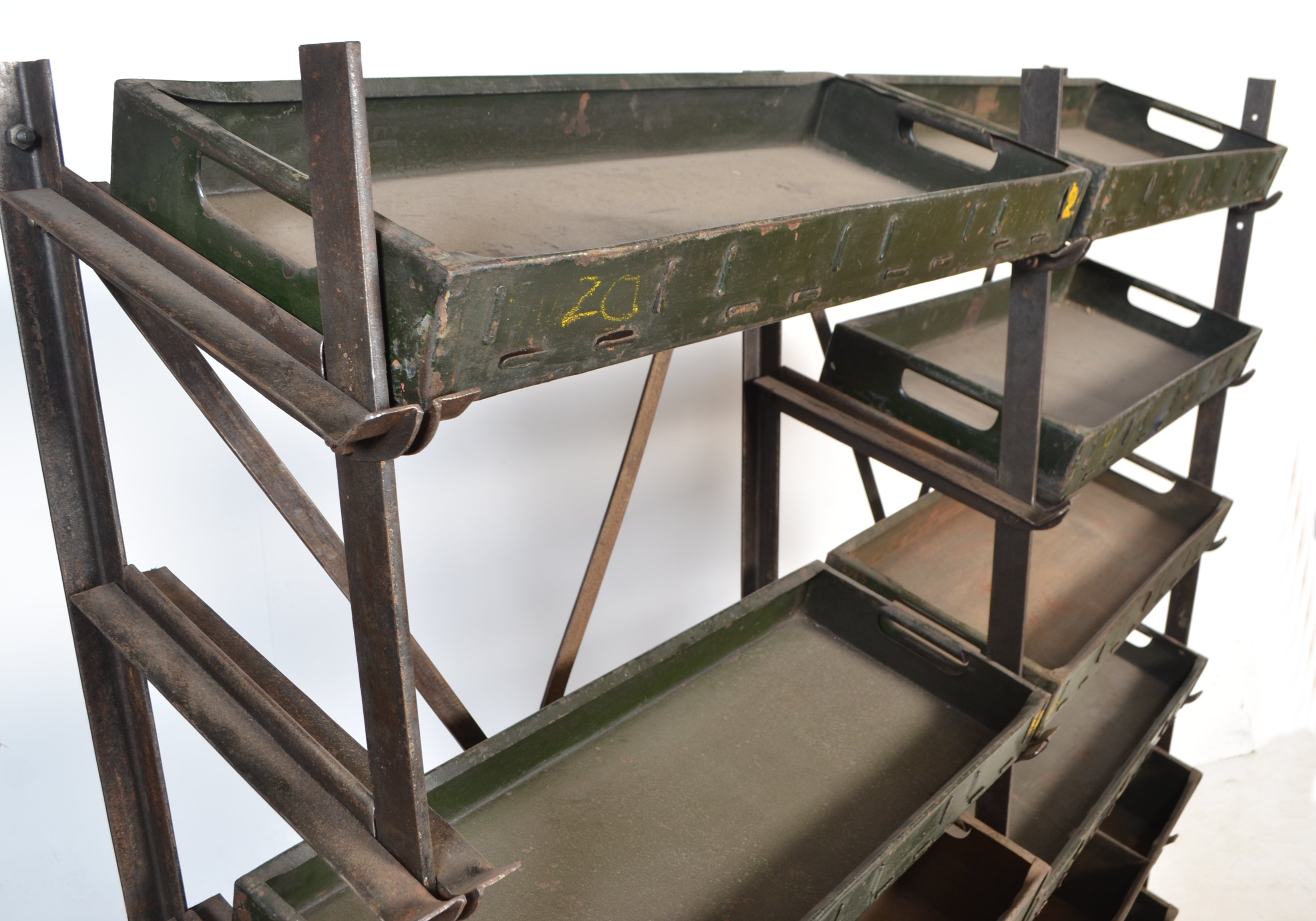 A vintage industrial metal storage rack unit having a ' x ' frame support and 12x angled slopes - Image 5 of 5
