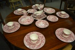 A Mason pink and white dinner service in the Vista pattern consisting of tureens , plates etc. All