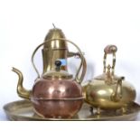 A group of three vintage brass kettles / coffee po