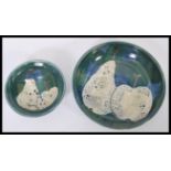 Two pieces of vintage retro 20th century studio art pottery having a green ground with decoration of