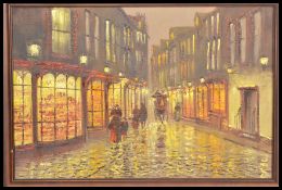 John Bampfield ( B1947 ) A 20th century oil on canvas painting of a dusk-lit street scene,