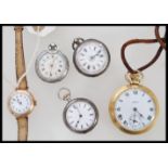 A collection of watches to include a 3 silver vintage fob watches, a yellow metal vintage wristwatch