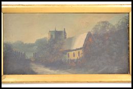 A 19th century Victorian oil painting of a church with trees set to a gilt frame.