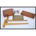 A collection of vintage items to include a Victorian work box, set squares, gemstone bookends and