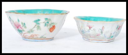 Two 19th century Chinese famile rose porcelain bowls of scalloped form having decoration of