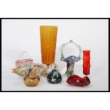 A group of vintage 20th century studio art glass to include signed Mdina vase, Murano fish and
