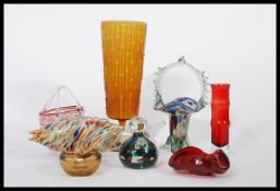 A group of vintage 20th century studio art glass to include signed Mdina vase, Murano fish and