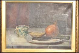 A 19th century oil on canvas painting still life study of a glass of wine with onion and cheese on
