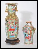 Two 19th century Chinese canton enamel famille verte and rose hand painted vases. One raised on