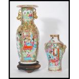 Two 19th century Chinese canton enamel famille verte and rose hand painted vases. One raised on