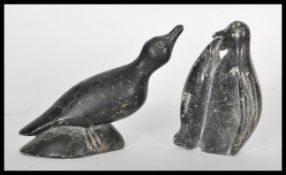 Two vintage early 20th century Inuit Eskimo carved soapstone figurines of birds. Signed by artists