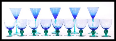 A group of vintage retro 20th century studio art glass goblets and glasses having blue bowls