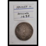 A 17th century James II 1685 Shilling silver coin.