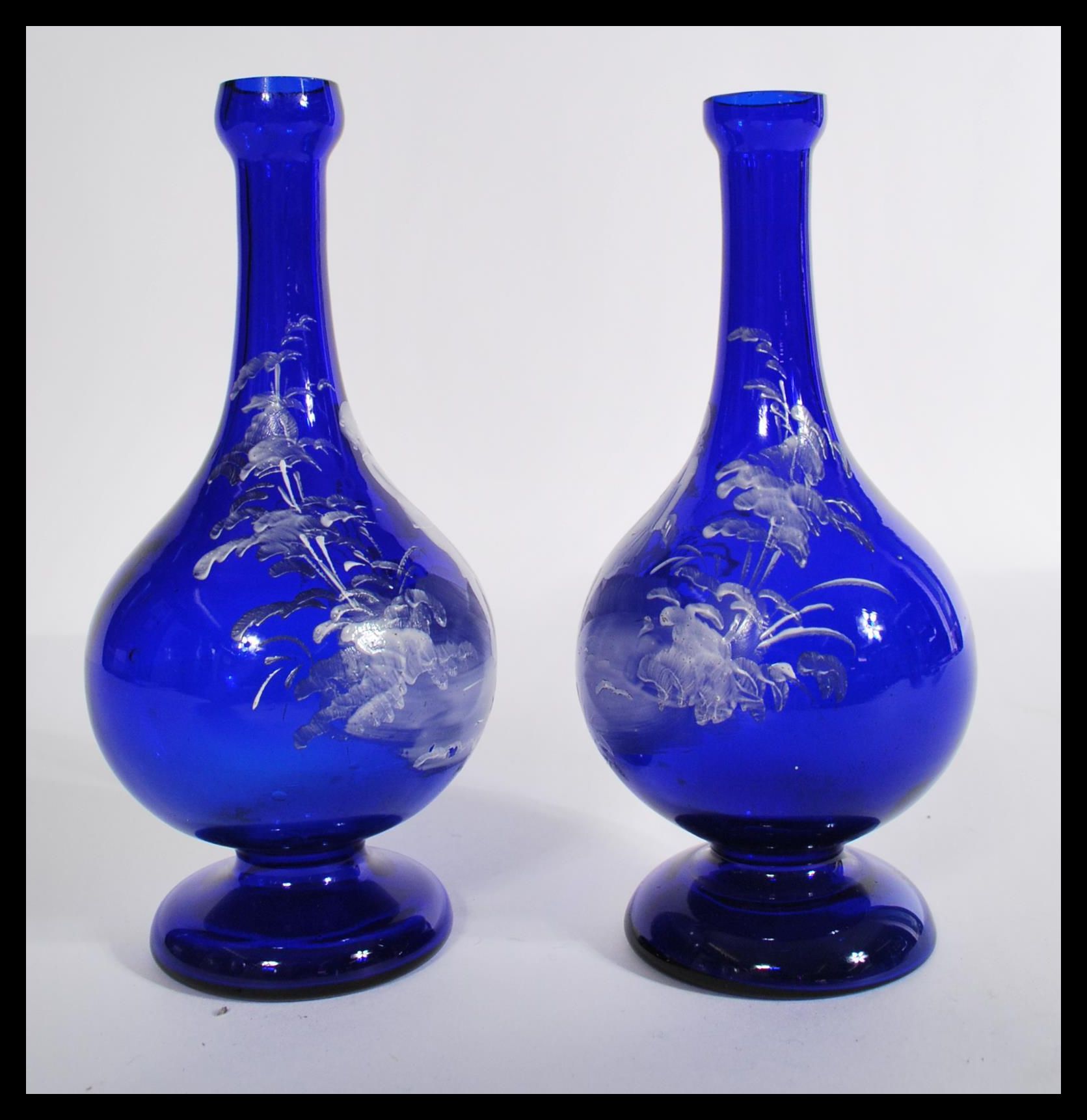 A 19th century Victorian pair of blue glass vases - Image 4 of 6