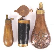 ANTIQUE BRASS & OTHER POWDER SHOT FLASKS ETC