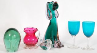 A collection of 20th century vintage glass ornaments to include a pair of green glass sherry glasses