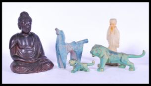 A group of vintage items to include jade type soapstone carving figurine, Buddha figurine, bronze
