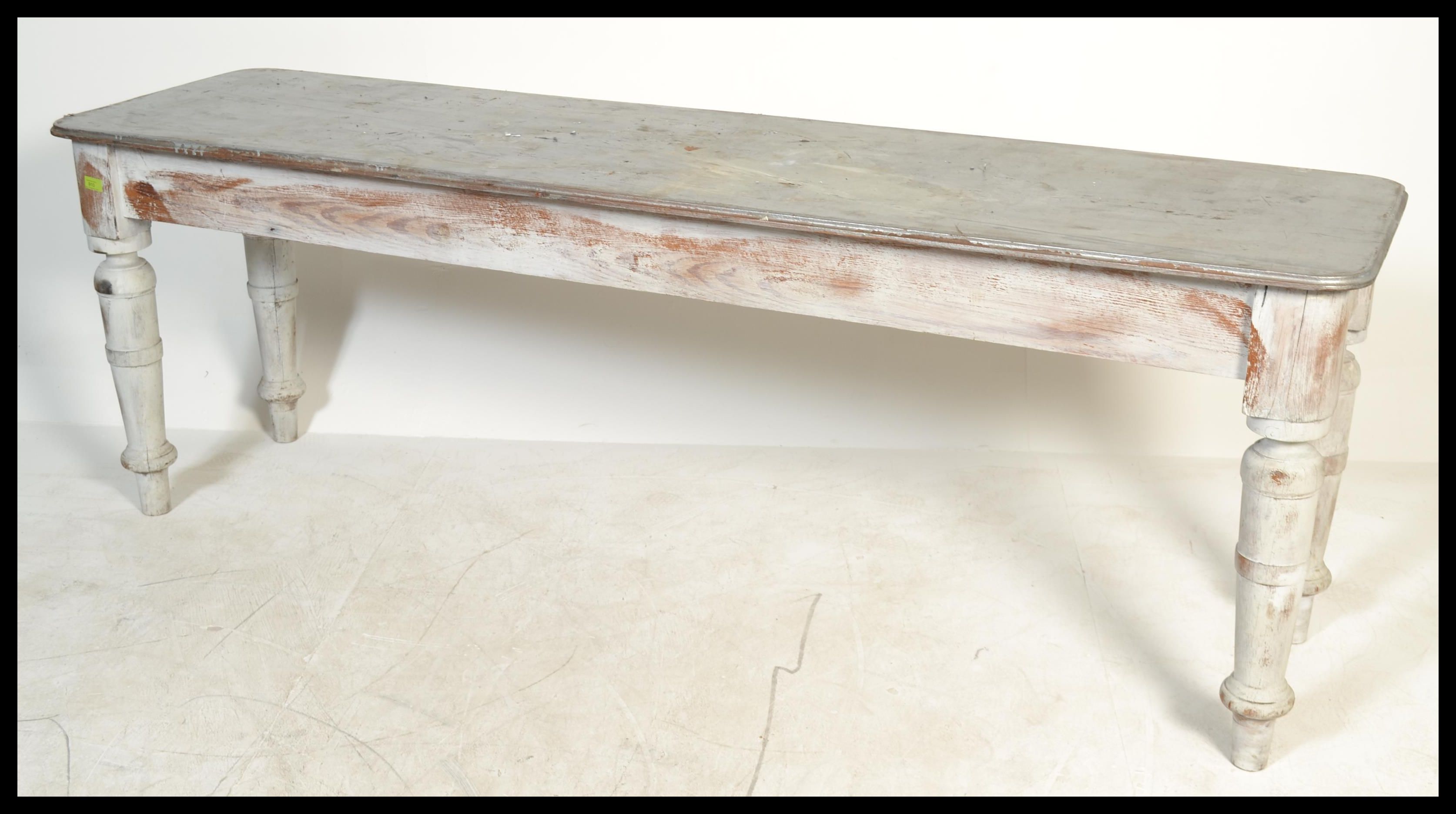 A 20th century shabby chic long refectory painted dining / skullery table. Raised on turned legs - Image 3 of 5