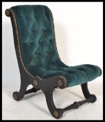 A Regency revival 19th Century chesterfield button back slipper chair, ebonised and gilt frame.