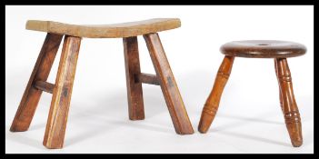 A  Chinese elm stool with a rectangular top on splayed legs together with a milking stool with