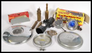 A selection of vintage 20th century car parts to include brass blow lamps by Abbott Birks and