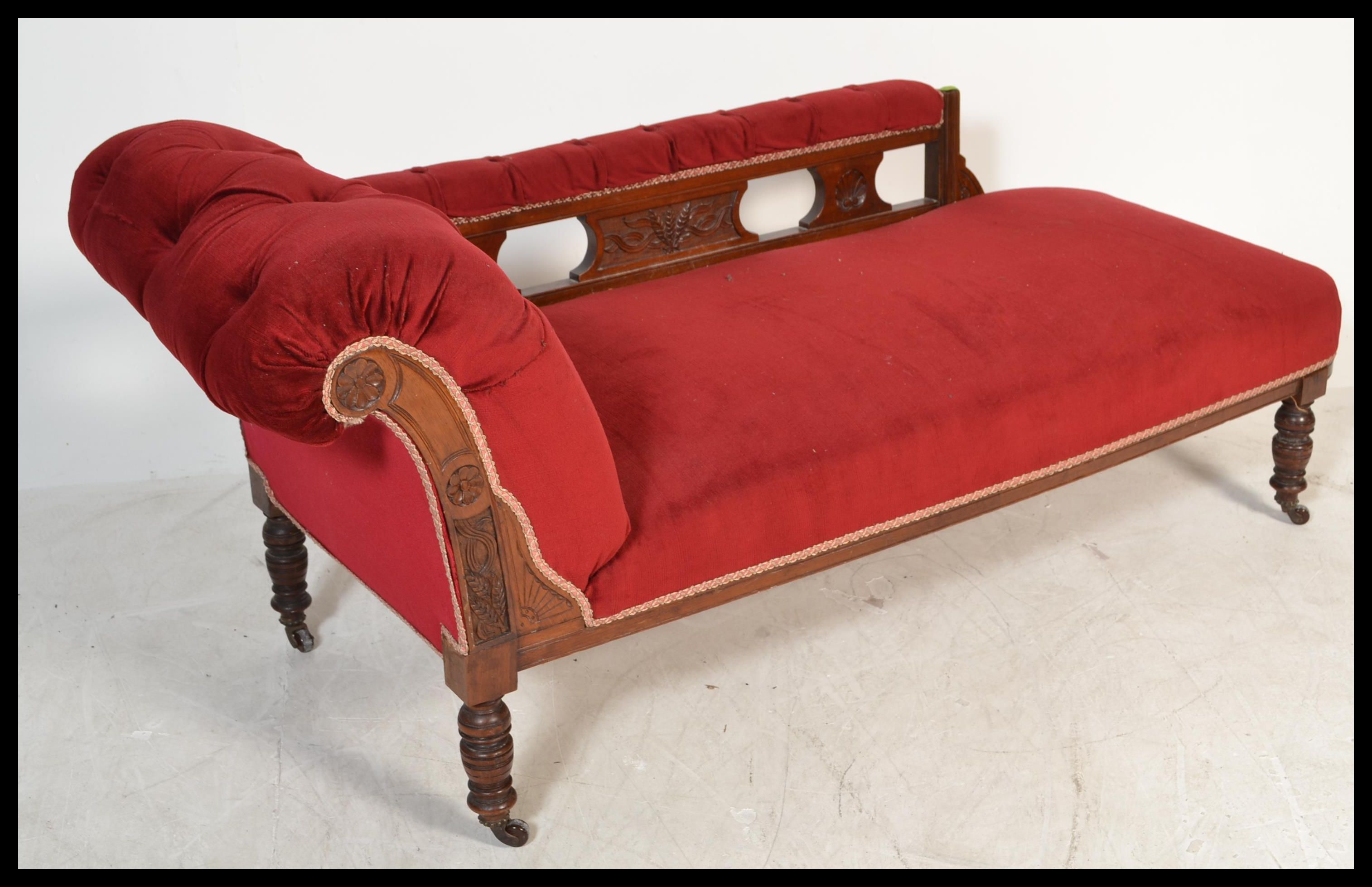 An early 20th Century Edwardian chaise lounge with upholstered button back seat, scrolled back and - Image 2 of 5