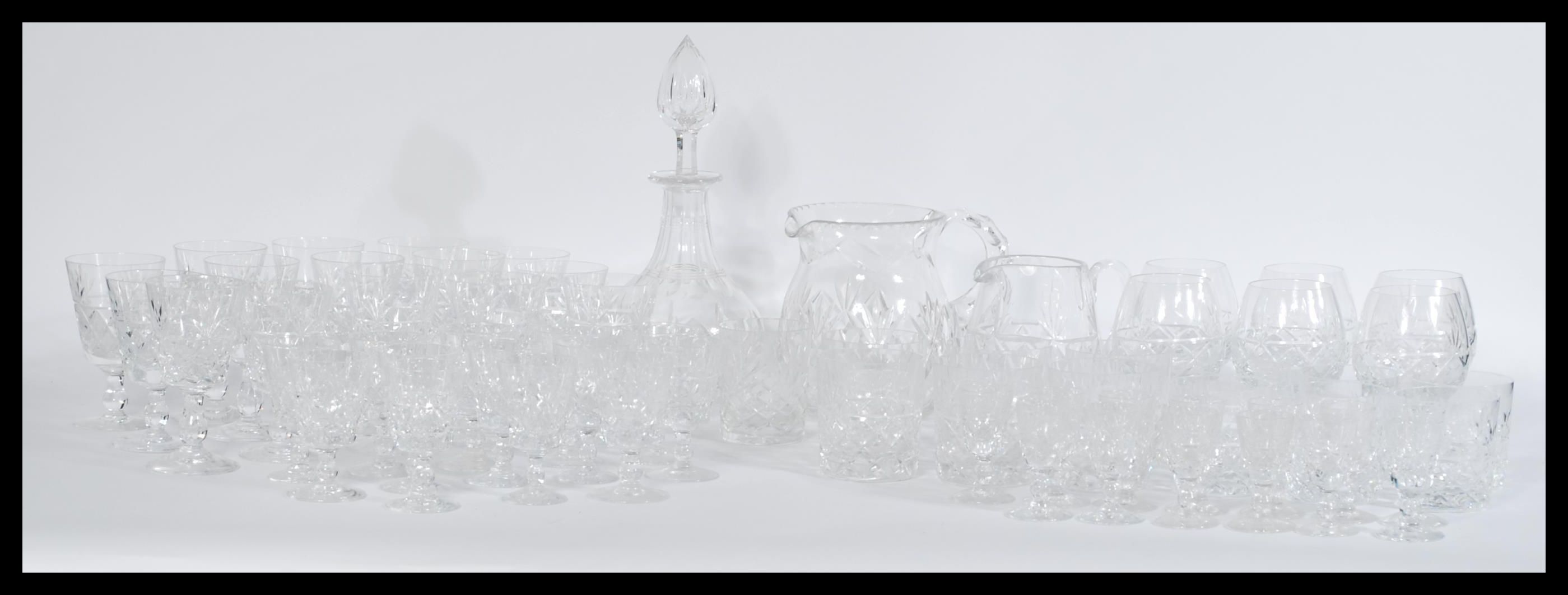 A 63 piece set of Royal Brierley crystal glassware, including a decanter and two jugs, brandy,