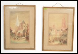Two early 20th century watercolour paintings of continental canal scenes being framed and glazed.
