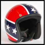 A contemporary HCI Evel Knievel style jump helmet, size XXL with a padded buckle strap and a blue