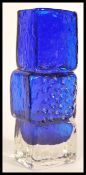 A Whitefriars style cobalt blue Drunken Bricklayer type studio art glass vase in the manner of