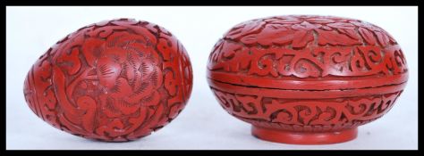 A 19th century Cinnabar lacquer ladies trinket / makeup box lidded pot having decoration of