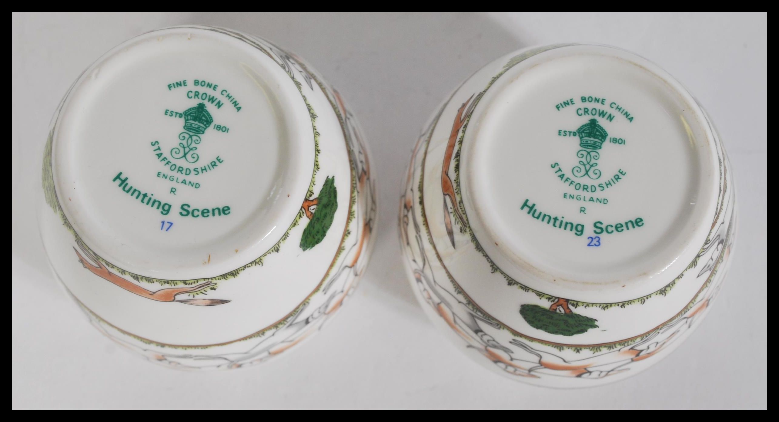 A crown Staffordshire fine bone china table set having a hunting scene pattern to include a pair - Image 5 of 8