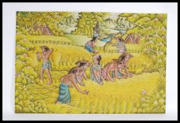 A 20th century Oriental hand coloured material on board scene depicting scantily clad female works