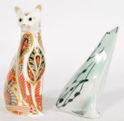 A pair of 20th ceramic desk paper weight figurines to include a a Royal Crown Derby cat figure