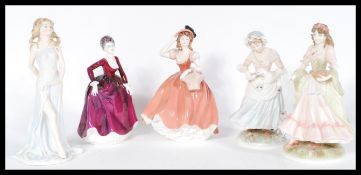 A group of five named ceramic figurines to include Coalport Dance of Dawn, Sophia and Flora, Royal