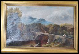 A 19th Century oil on canvas, depicting a stone bridge to the foreground with mountains to the back,