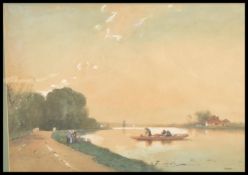 An early 20th century water colour painting on paper of a Dutch landscape river scene with fisherman