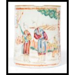 An 18th century Chinese porcelain tankard of typical form having hand painted ochre red decoration