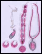 A collection of pink agate and silver jewellery to