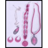 A collection of pink agate and silver jewellery to