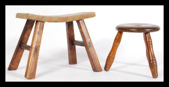 A  Chinese elm stool with a rectangular top on splayed legs together with a milking stool with