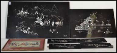 A group of 20th century Vietnamese black lacquered shibayama panels signed by the artist along