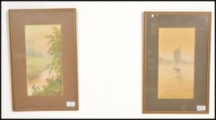 A pair of mid century Japanese watercolour paintings by H Ito. Each depicting boats on a lake,