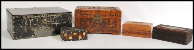 A selection of wooden boxes to include a trinket box with inlaid porcupine quills having a sliding