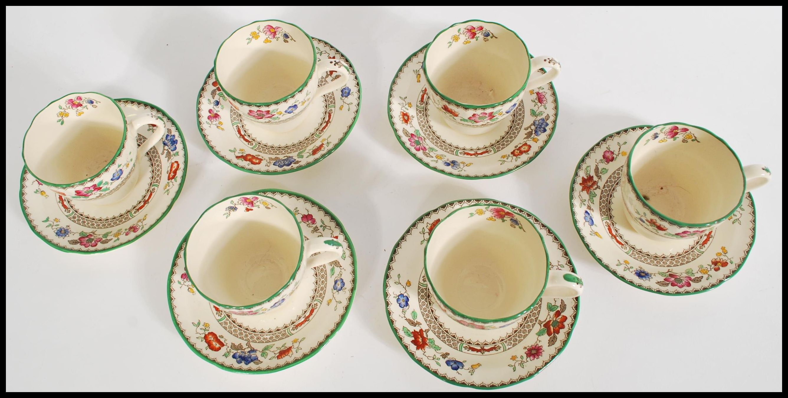 A set of six 19th century Copeland and Spode tea cups and saucers decorated in the Chinese Rose - Image 2 of 4