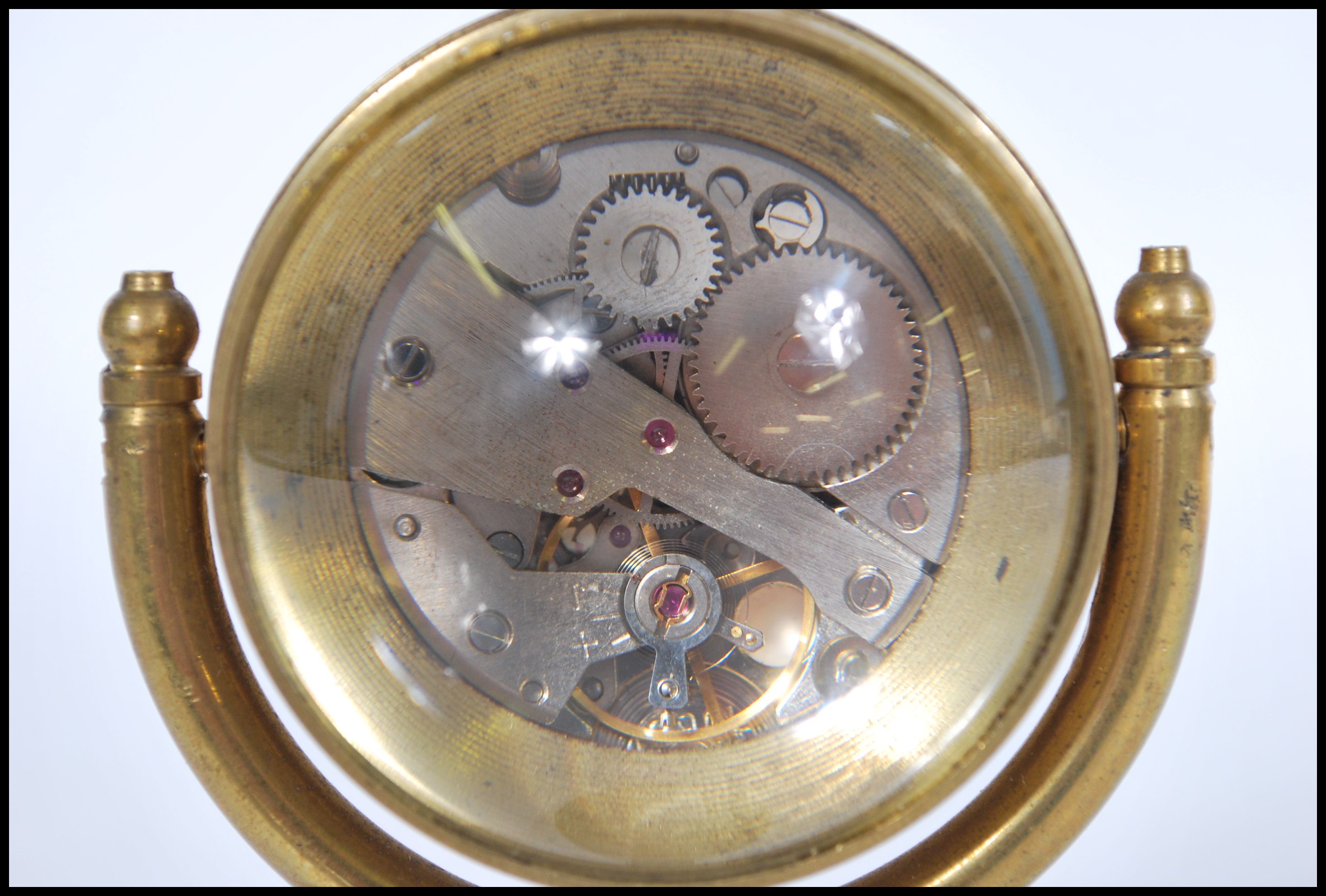 A contemporary brass Roman style fish eye ball clock raised on a brass base with nautical maritime - Image 4 of 5