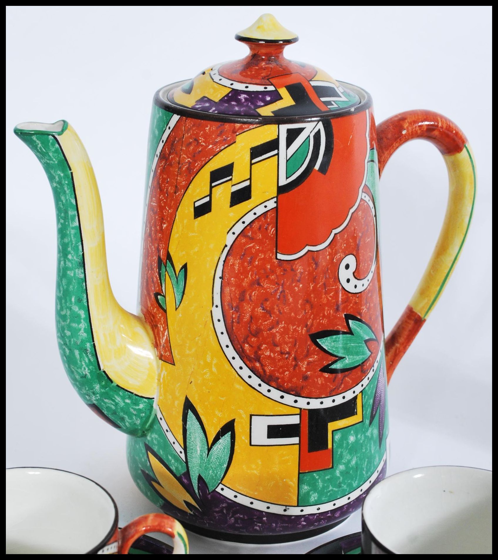 A retro vintage chine tea service with a coloured geometric shape pattern, to include six cups and - Image 3 of 6