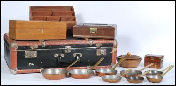 A selection of treen items to include an Indian wooden carved desk organiser, a wooden round box