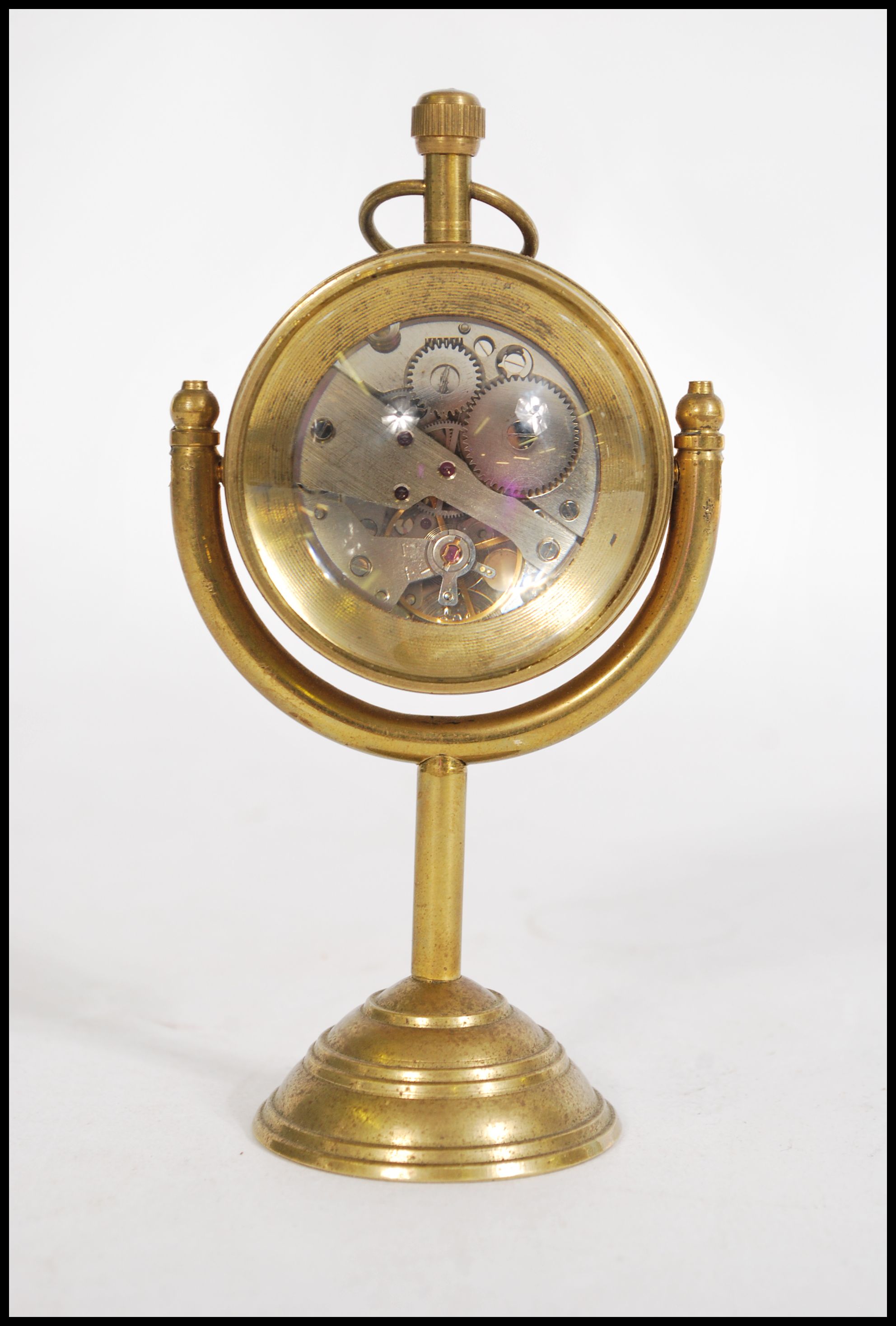 A contemporary brass Roman style fish eye ball clock raised on a brass base with nautical maritime - Image 3 of 5